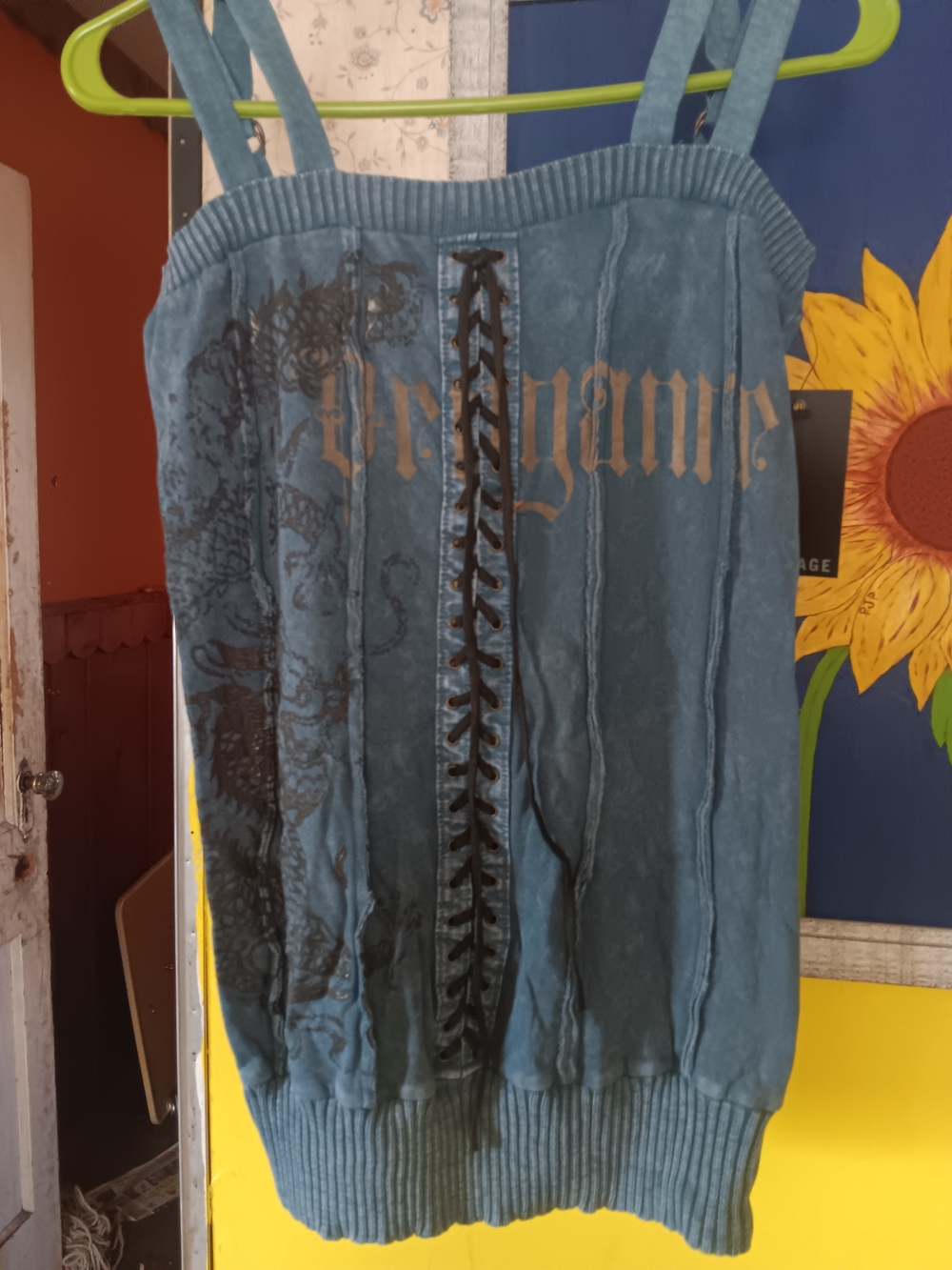 NWT SALVAGE Teal Dragon Lace-Up Tank Top with Graphic Detail With Lace Back. L